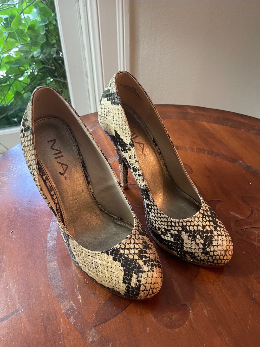 MIA Snake-Print Pointed Toe High Heels in Beige and Black